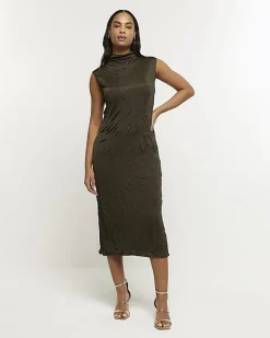 River Island crinkle high neck bodycon midi dress Khaki Online