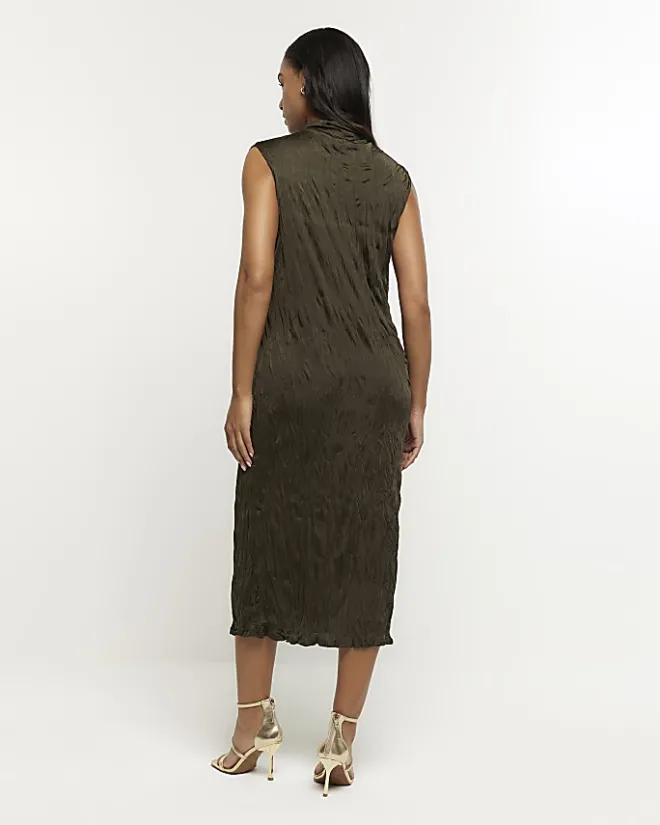 River Island crinkle high neck bodycon midi dress Khaki Online