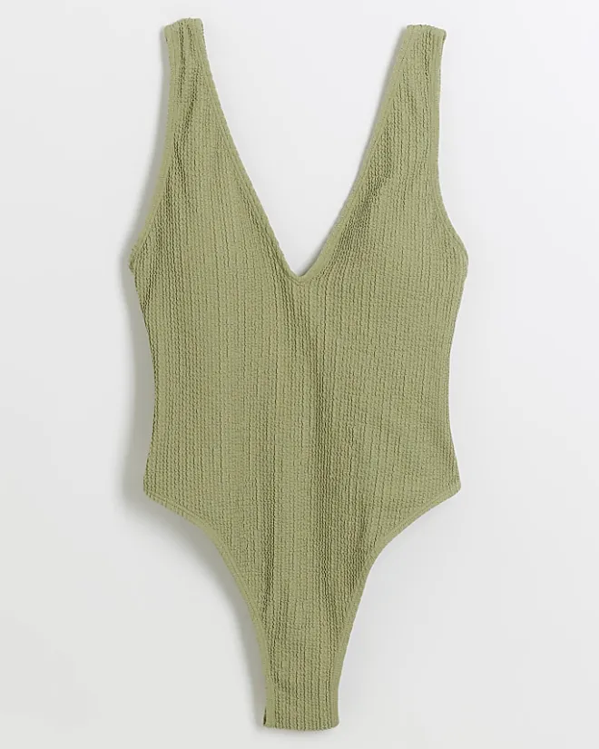 River Island crinkle plunge swimsuit Khaki Discount