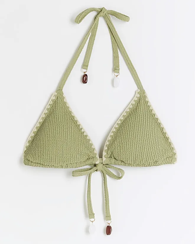 River Island crinkle stitch triangle bikini top Khaki Online