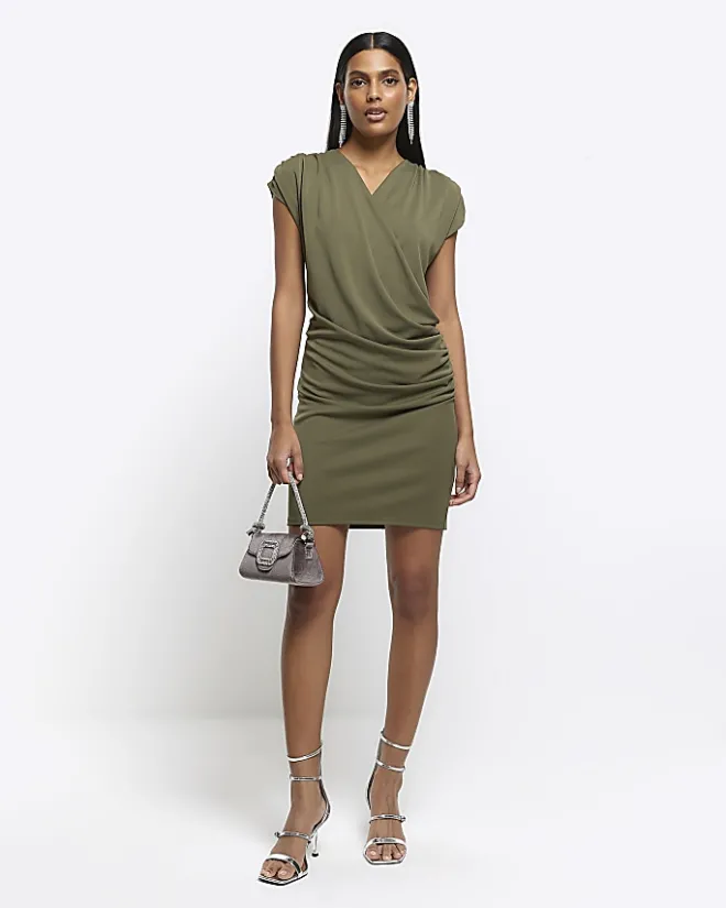 River Island drape wrap bodycon mini dress Khaki Clearance