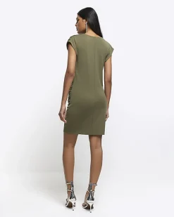 River Island drape wrap bodycon mini dress Khaki Clearance