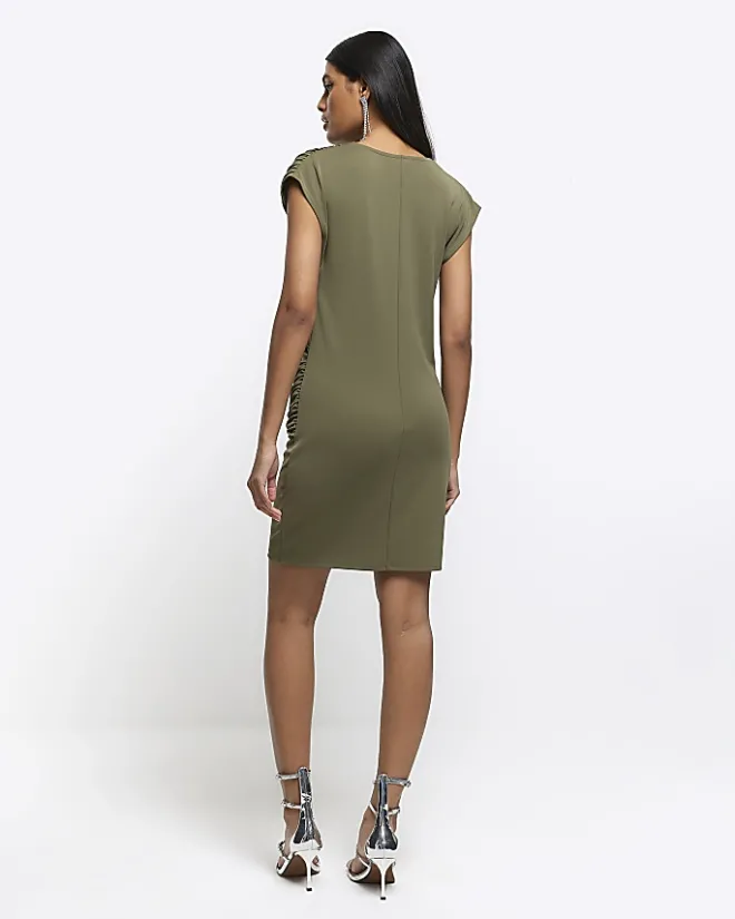 River Island drape wrap bodycon mini dress Khaki Clearance