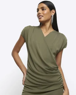 River Island drape wrap bodycon mini dress Khaki Clearance