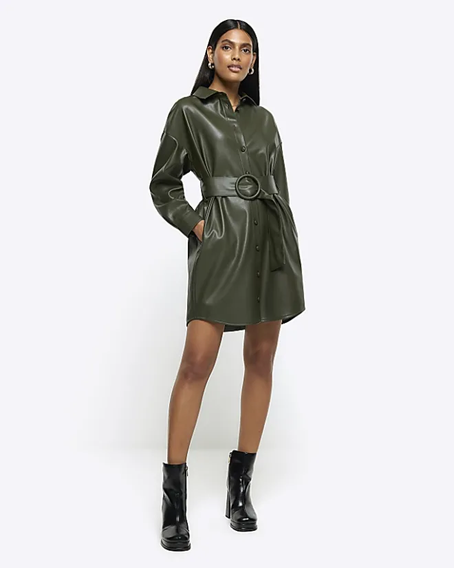 River Island faux leather belted mini shirt dress Khaki Best
