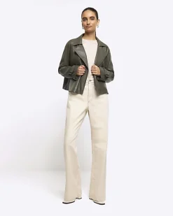 River Island faux leather crop trench coat Khaki Discount