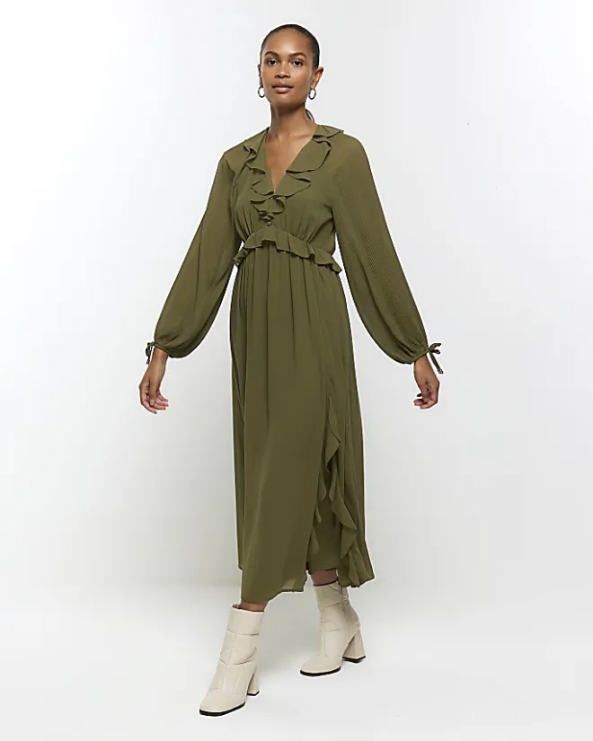 River Island frill plisse sleeve swing midi dress Khaki New