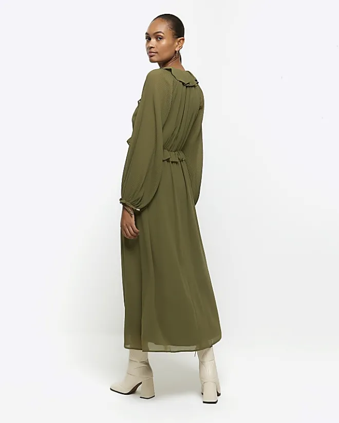 River Island frill plisse sleeve swing midi dress Khaki New