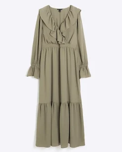River Island frill swing maxi dress Khaki New