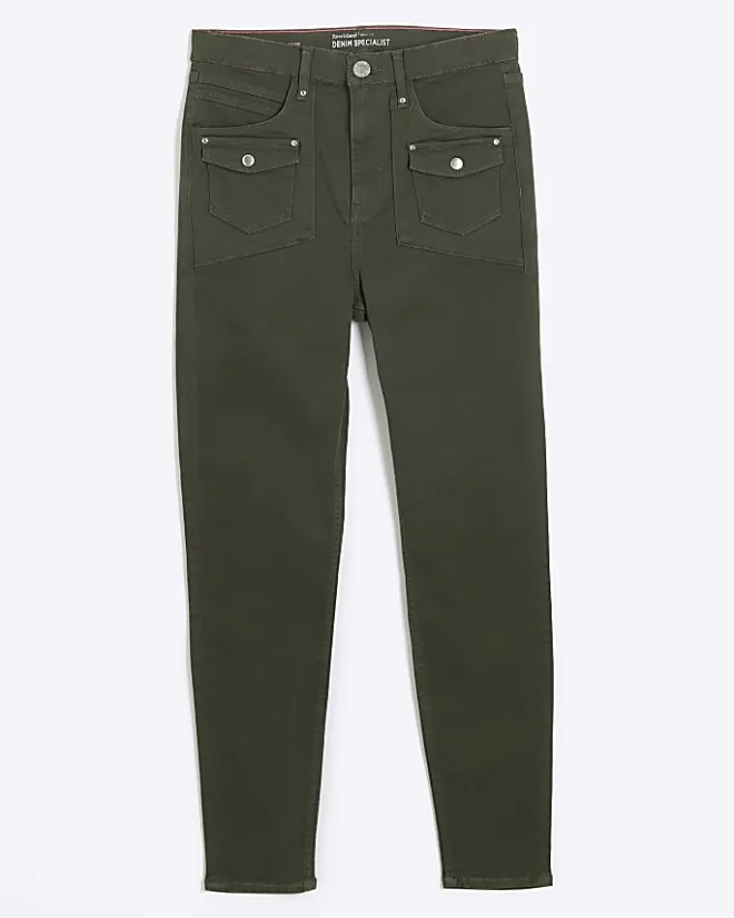 River Island high waisted skinny cargo jeans Khaki Online
