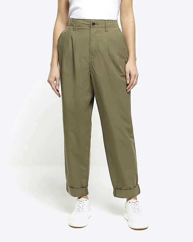 River Island High Waisted Tapered Trousers Khaki Online