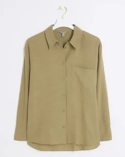 River Island linen blend long sleeve shirt Khaki Outlet