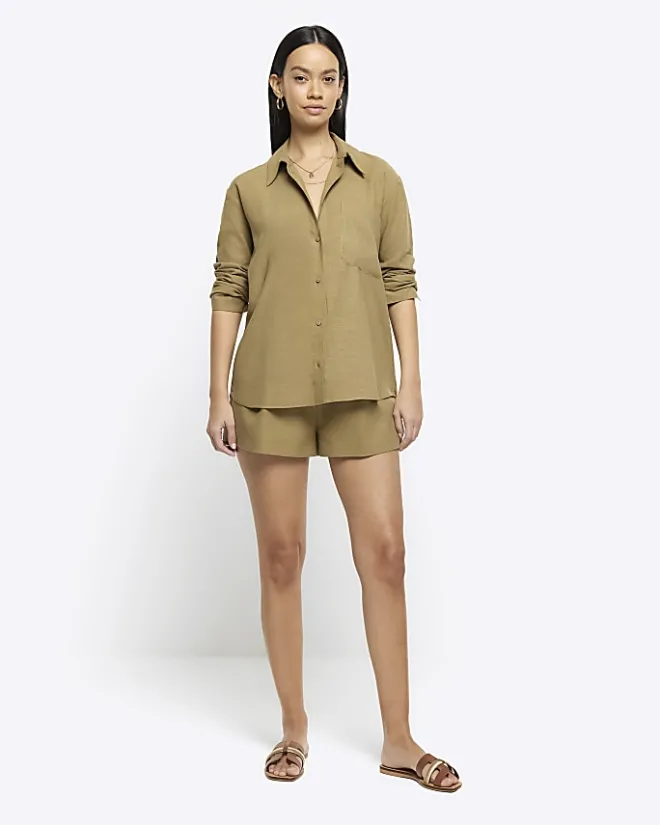River Island linen blend long sleeve shirt Khaki Outlet