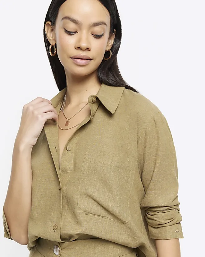 River Island linen blend long sleeve shirt Khaki Outlet