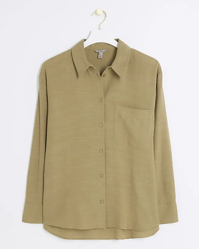 River Island linen blend long sleeve shirt Khaki Outlet
