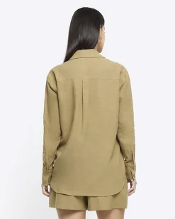 River Island linen blend long sleeve shirt Khaki Outlet