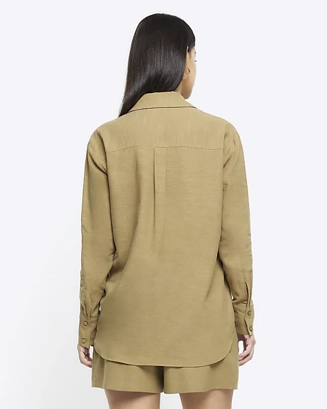 River Island linen blend long sleeve shirt Khaki Outlet