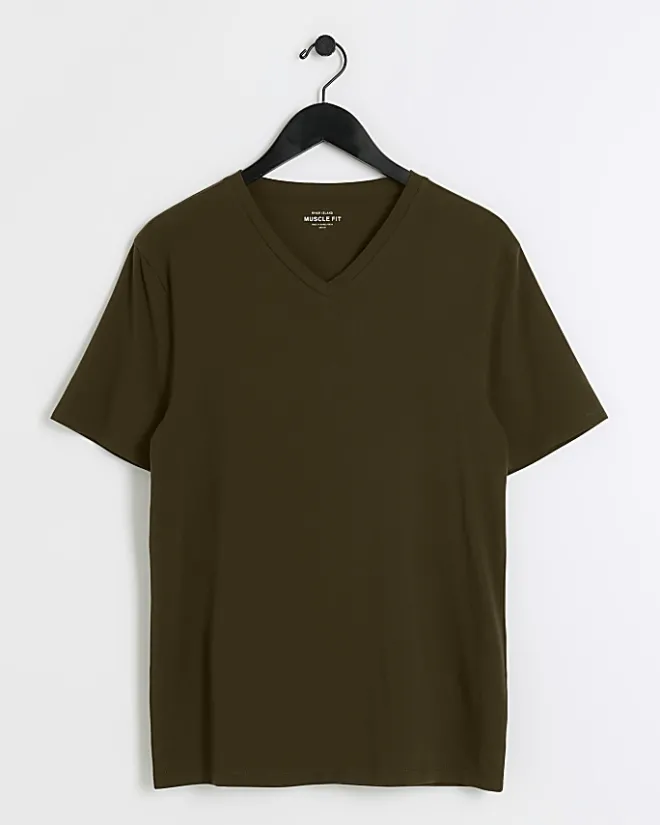 River Island muscle fit V neck t-shirt Khaki New