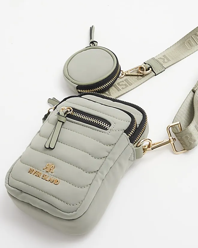 River Island quilted phone cross body bag Khaki Sale