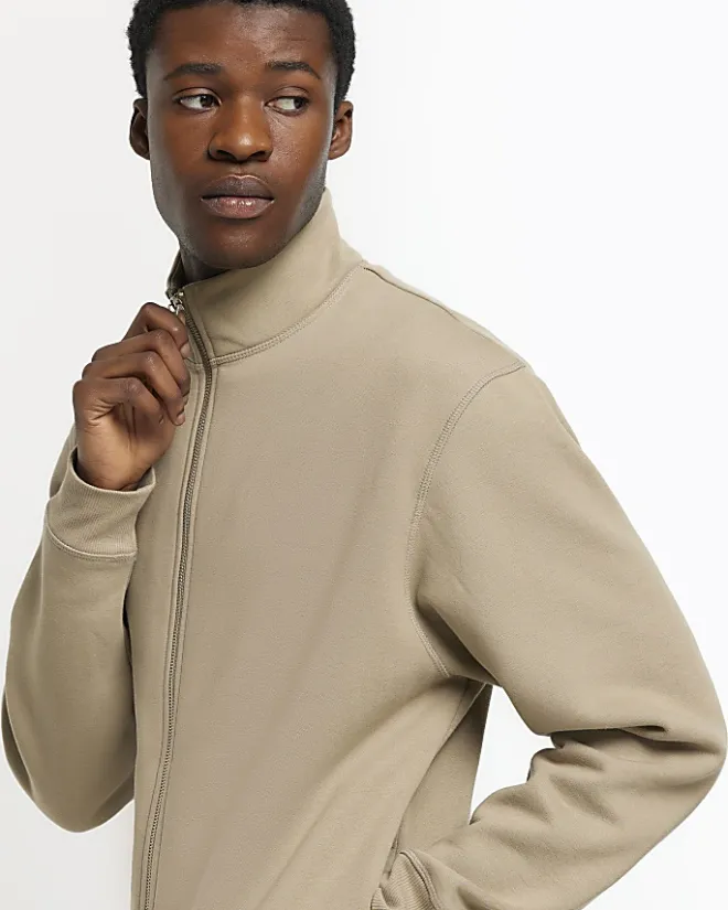 River Island Khaki regular fit zip up funnel sweatshirt Stone Sale