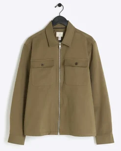 River Island regular fit zip up overshirt Khaki Fashion