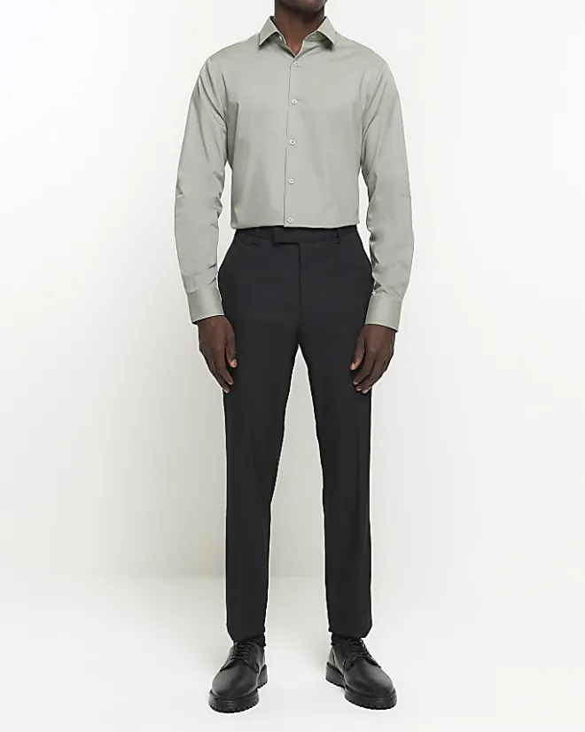 River Island slim fit long sleeve smart shirt Khaki Outlet