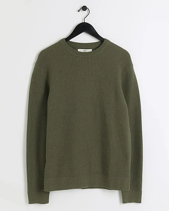 River Island slim fit waffle texture jumper Khaki Fashion