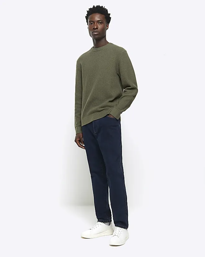 River Island slim fit waffle texture jumper Khaki Fashion