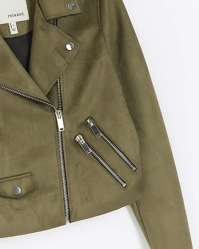 River Island suedette crop biker jacket Khaki New