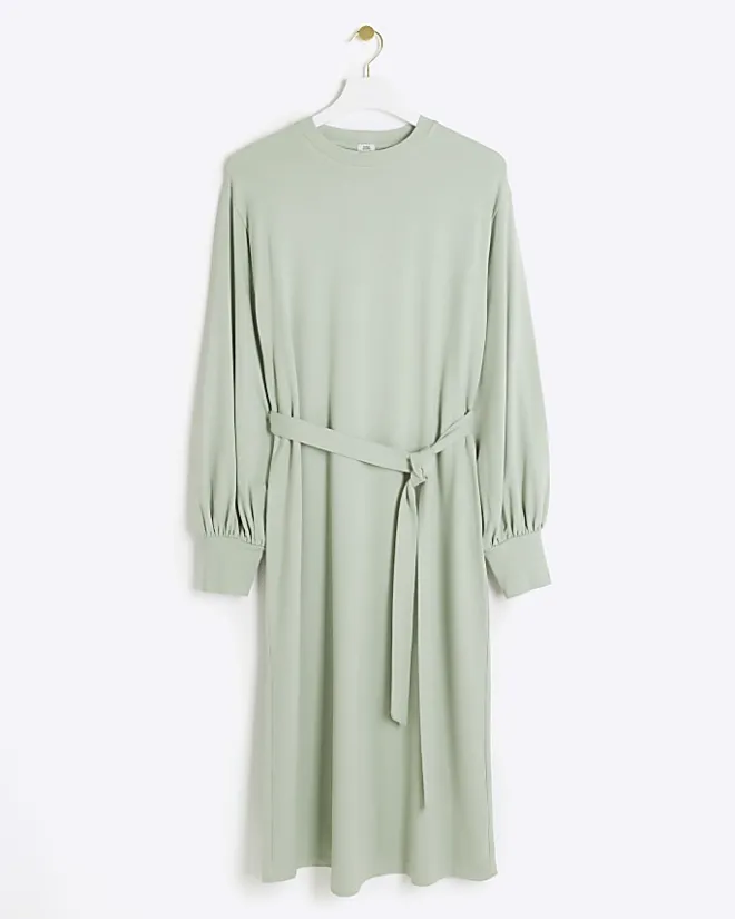 River Island Light tie waist sweatshirt midi dress Green Sale