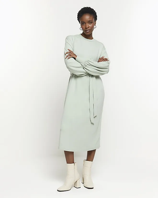 River Island Light tie waist sweatshirt midi dress Green Sale