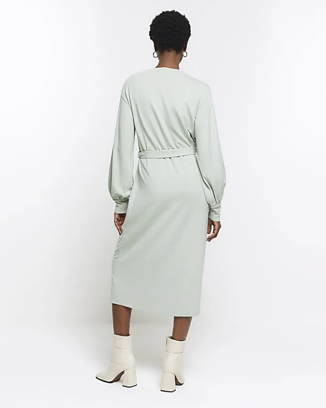 River Island Light tie waist sweatshirt midi dress Green Sale