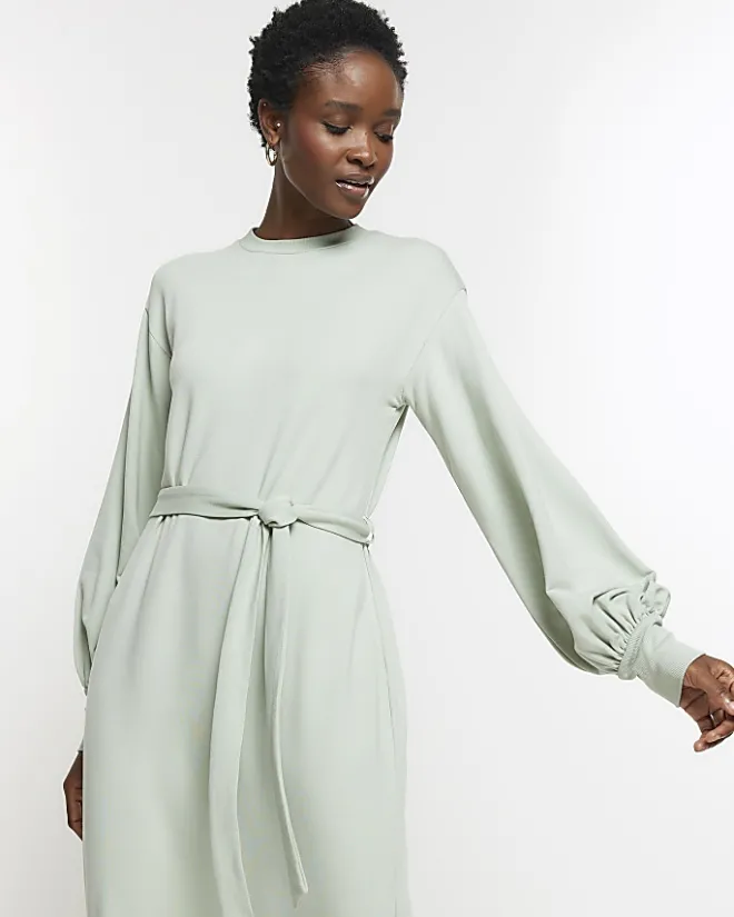 River Island Light tie waist sweatshirt midi dress Green Sale