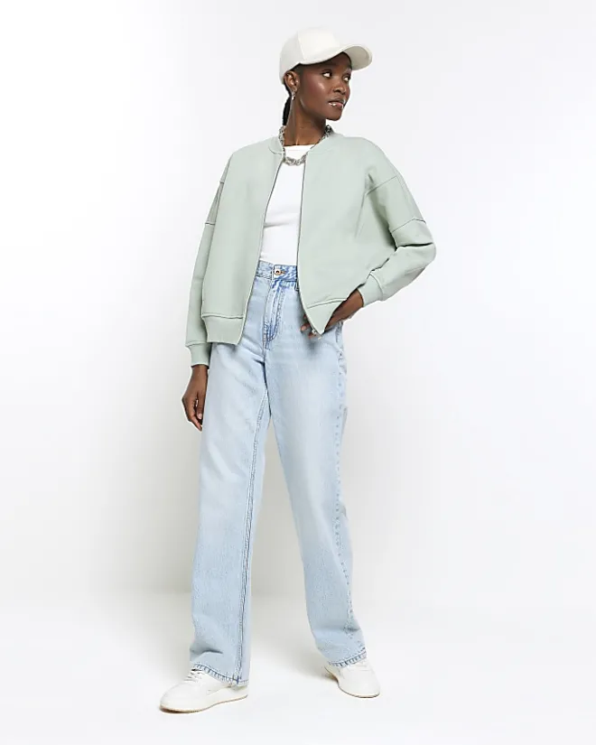River Island Light Green zip up bomber sweatshirt Khaki Fashion