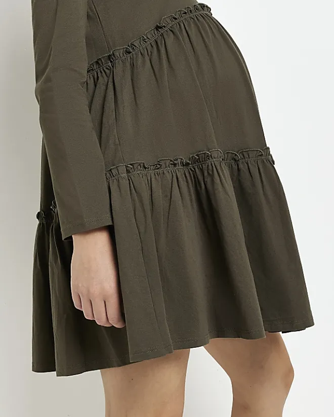 River Island Maternity long sleeve frill mini dress Khaki Clearance