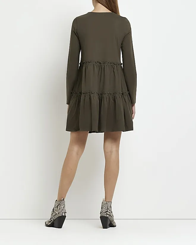 River Island Maternity long sleeve frill mini dress Khaki Clearance