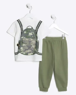 River Island Mini Boys backpack t-shirt set Khaki Online
