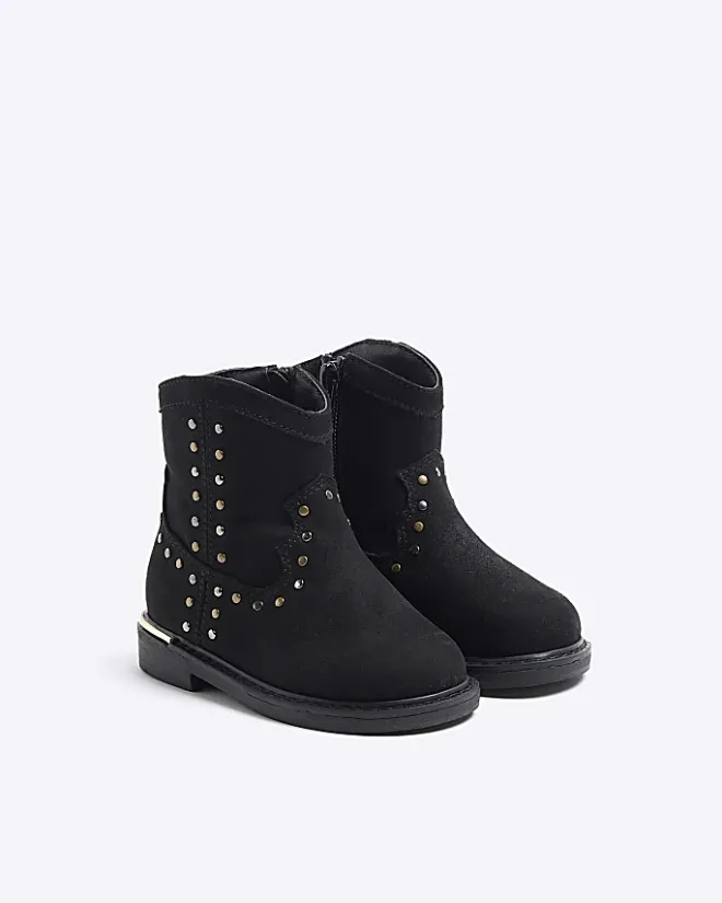 River Island Mini girls studded western boots Black New