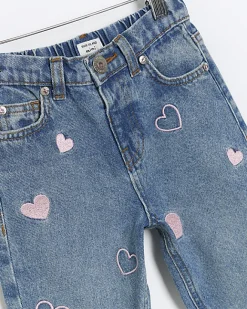 River Island Mini girls embroidered heart mom jeans Blue Fashion