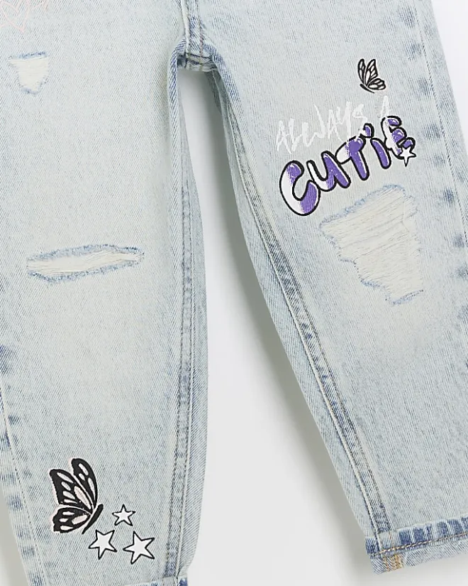 River Island Mini girls graffiti mom jeans Blue Clearance
