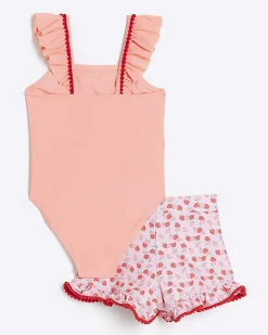 River Island Mini girls coral strawberry swimsuit set Orange Best