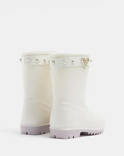 River Island Mini girls RI heart pearl wellie boots Cream Sale
