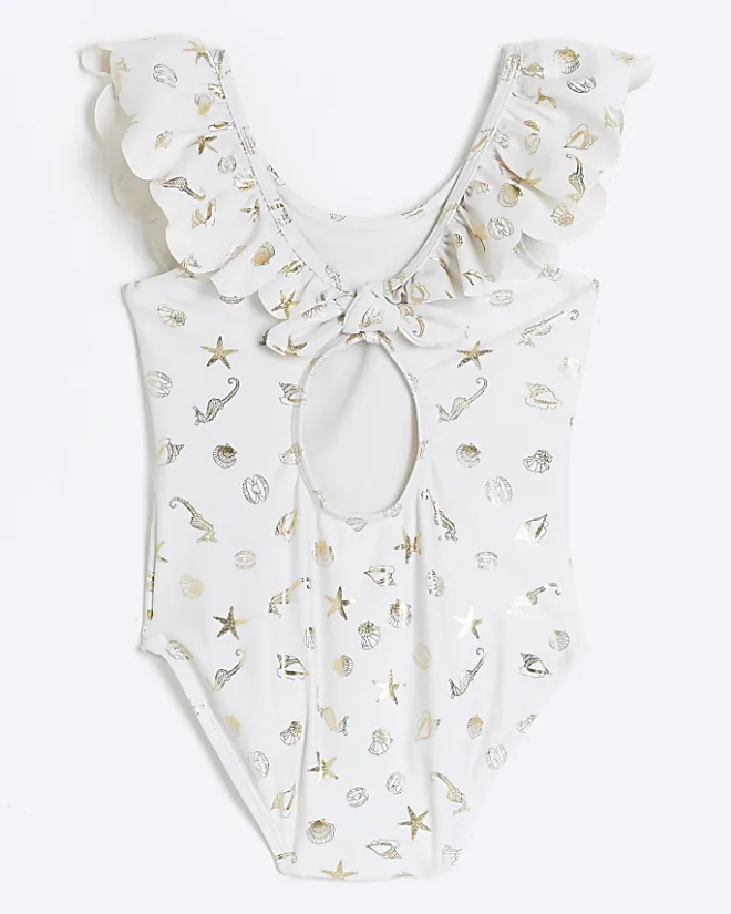 River Island Mini girls shell frill swimsuit Cream Outlet