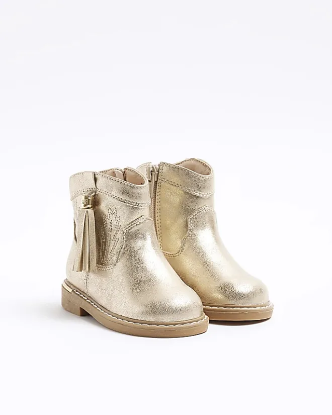 River Island Mini girls gold tassel western boots Yellow Clearance