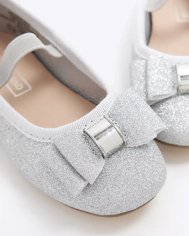River Island Mini girls silver glitter bow ballet pumps Grey Discount