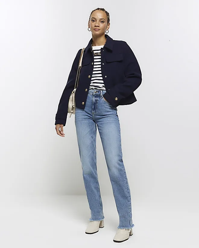 River Island Navy button detail crop jacket Blue Best