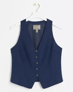 River Island Navy button front waistcoat Blue Discount
