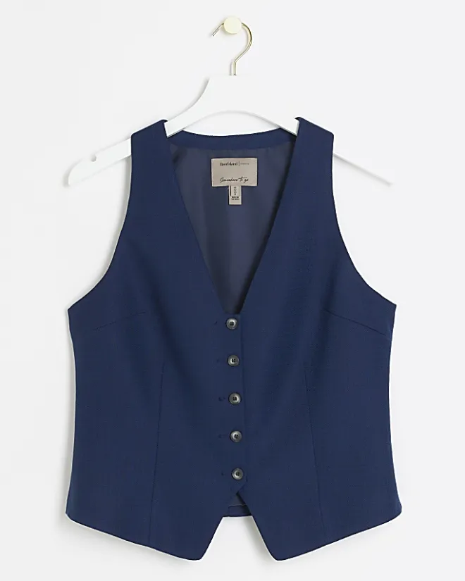 River Island Navy button front waistcoat Blue Discount