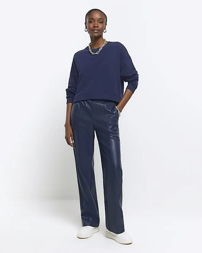River Island Navy crop plain sweatshirt Blue Sale