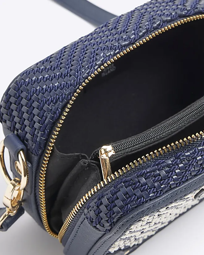 River Island Navy Geometric Woven Cross Body Bag Blue New
